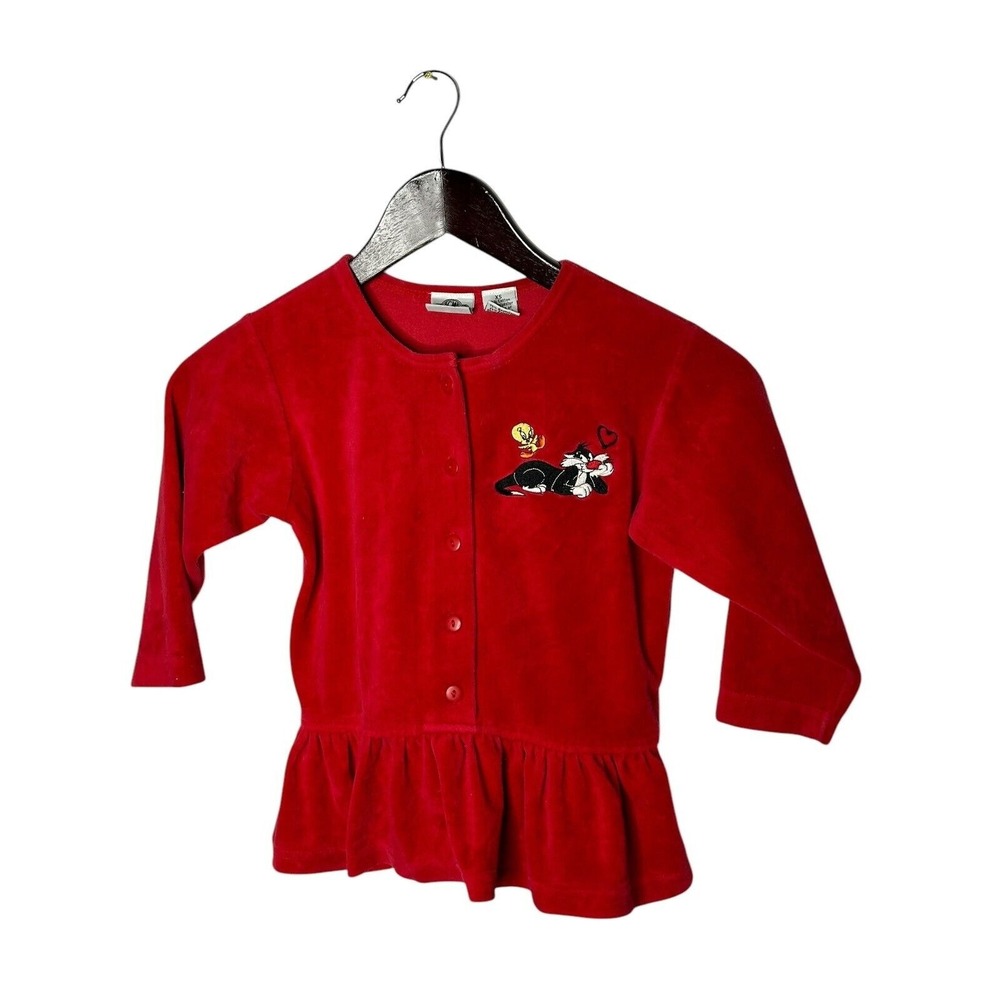 Vtg Acme Kid's Girls Red Velour Sylvester Tweety Bird Warner bros‎ Shirt S 4-5